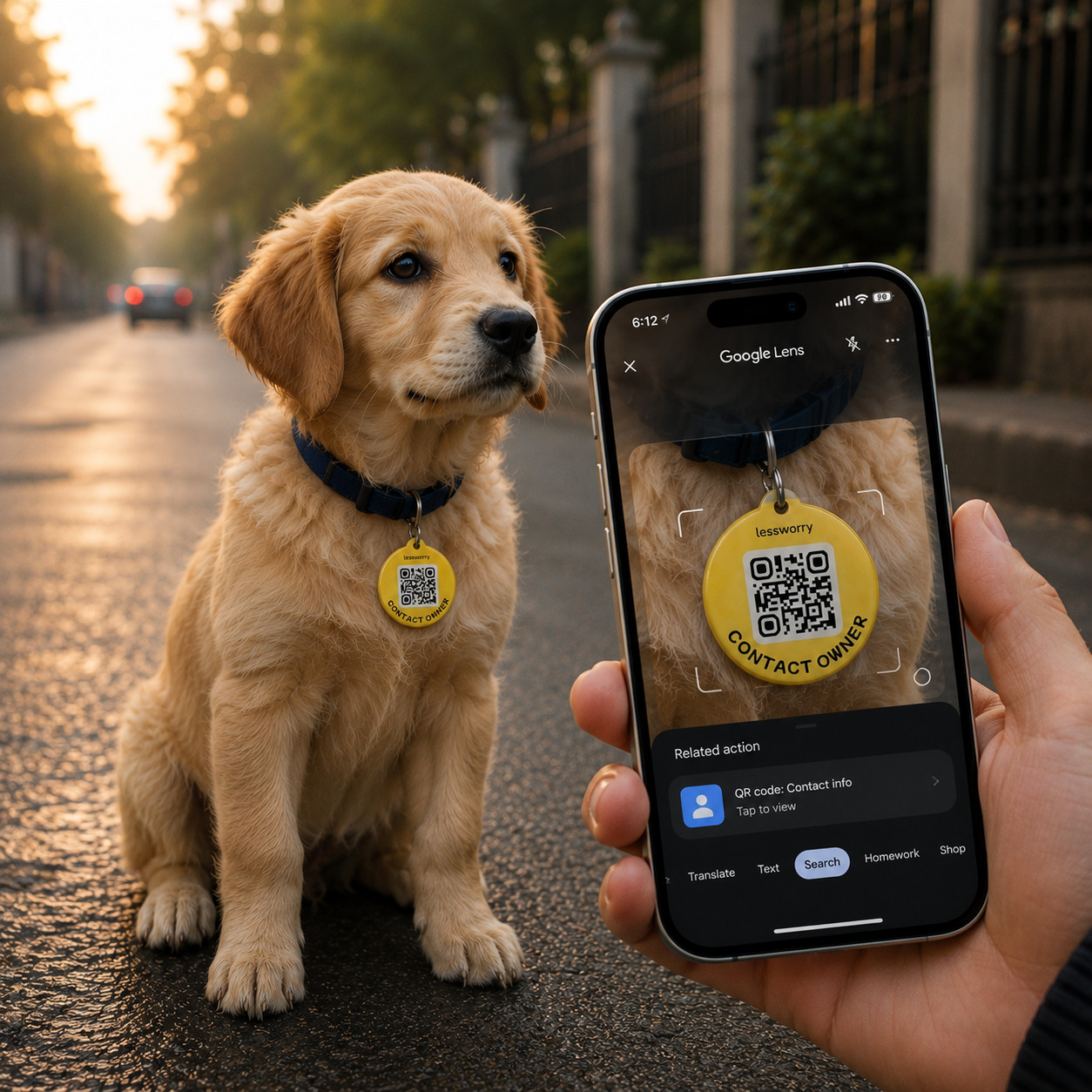 Phone scanning a QR pet tag