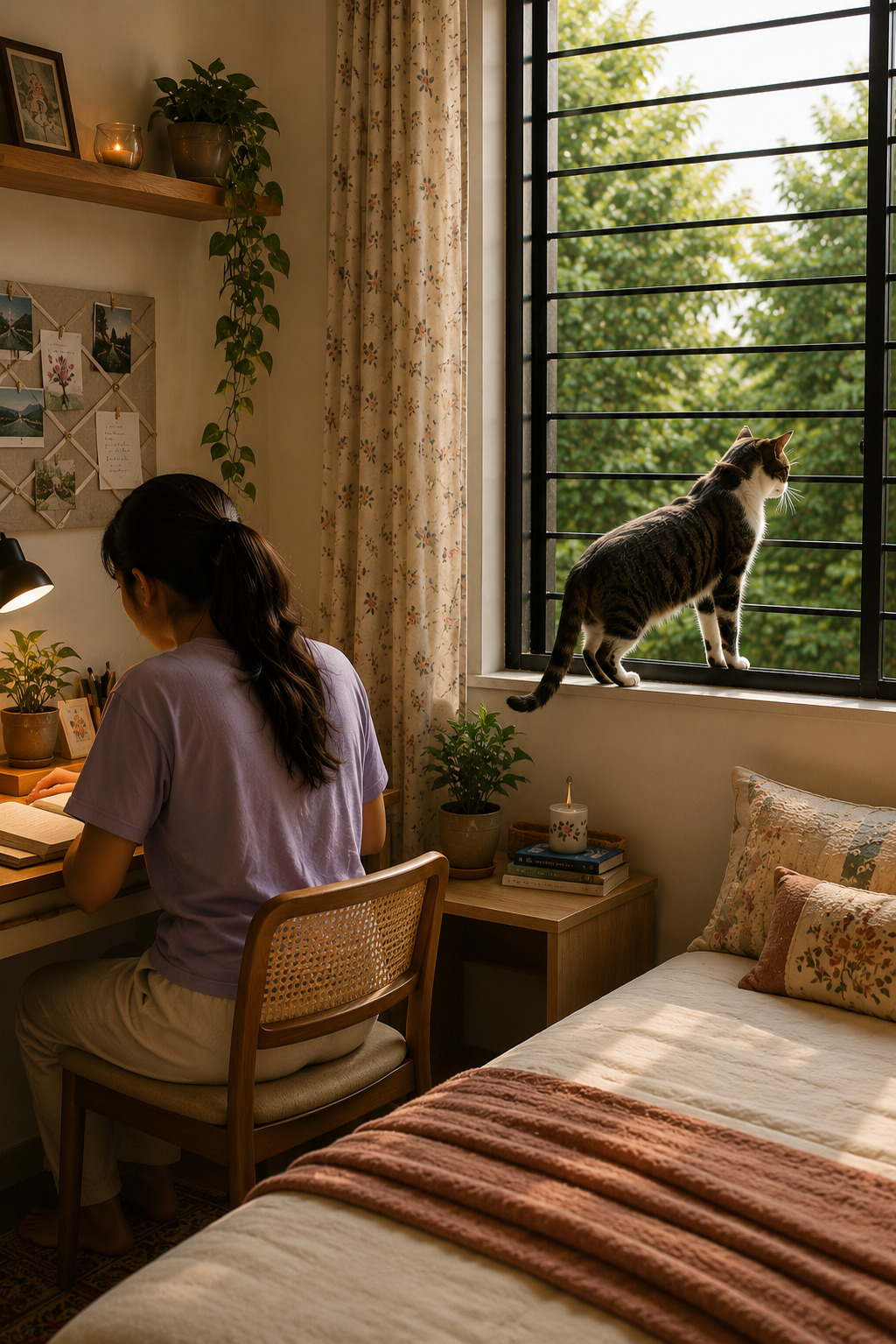 Cat slipping out through a window grille