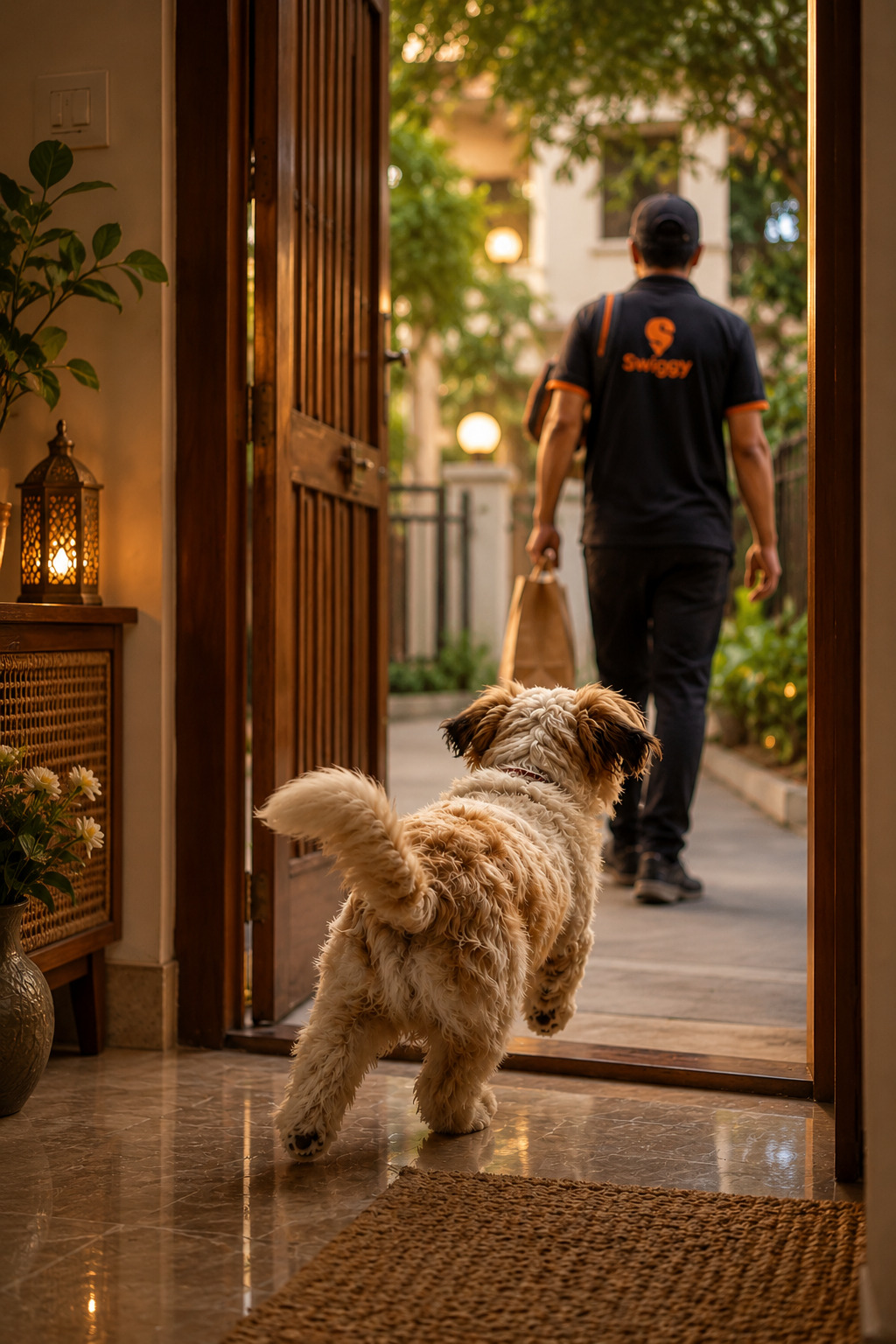 Dog watching a delivery person walk out the open front door