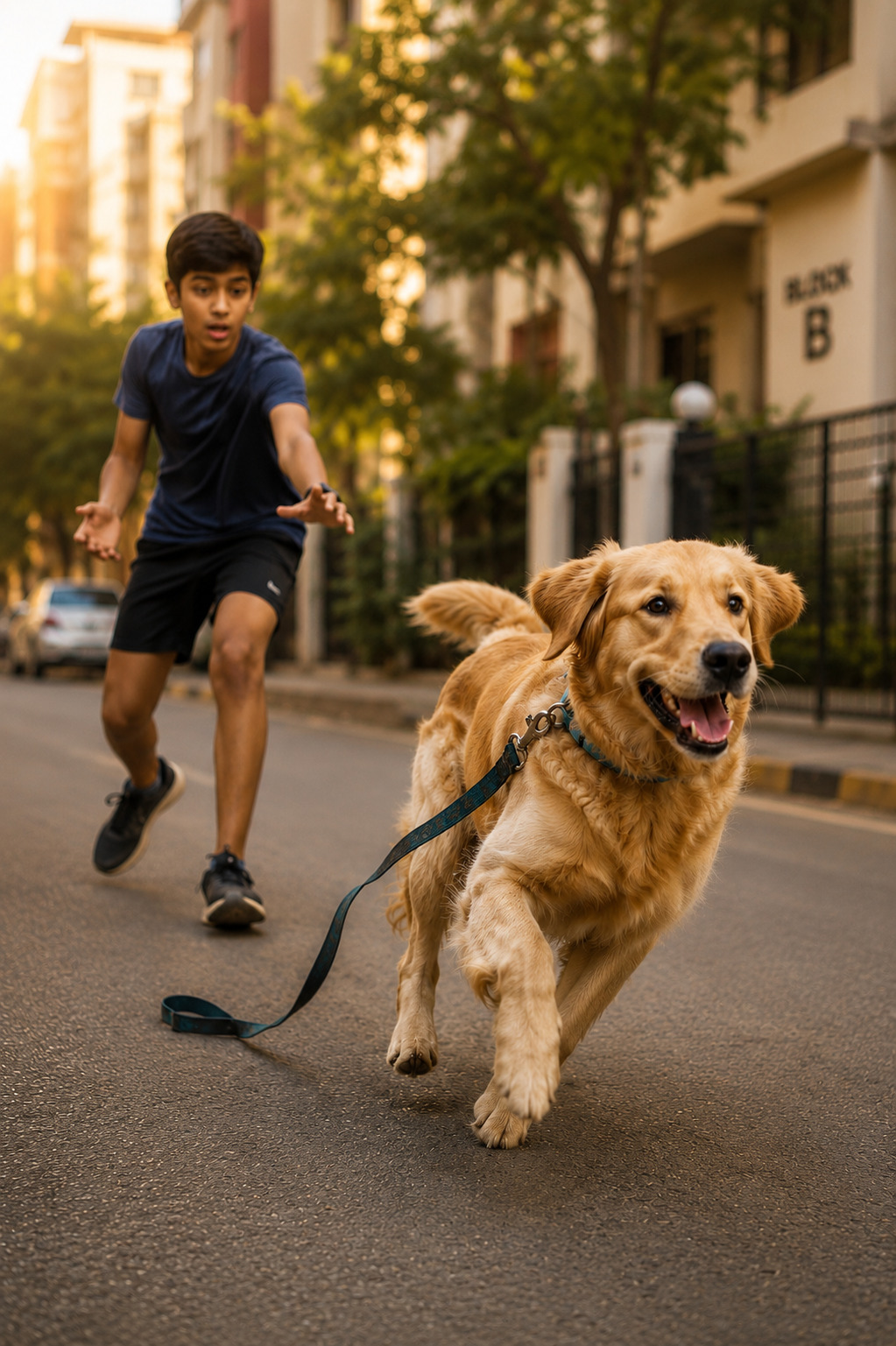Dog running down the street with leash trailing as boy chases