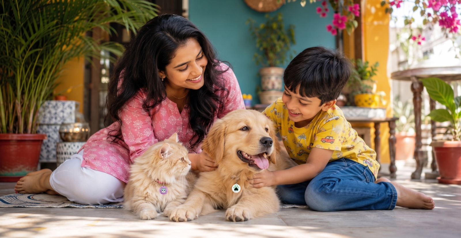 Family relaxing with a dog and cat wearing smart pet tags