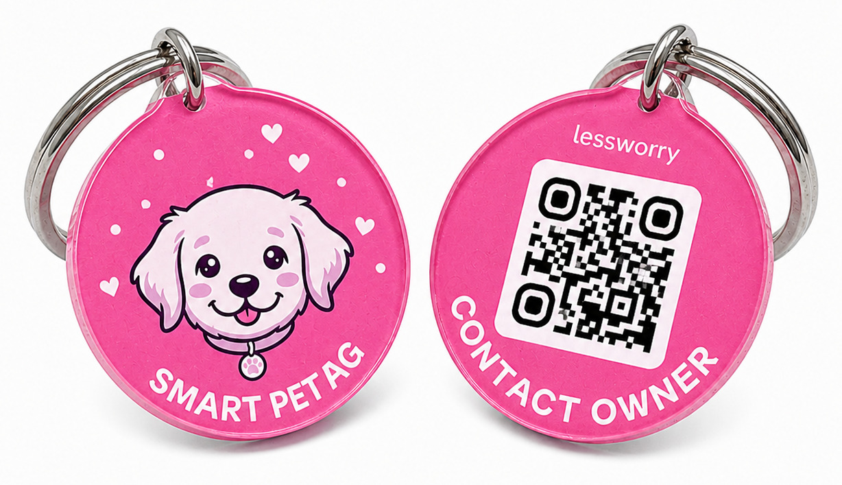 Pink dog QR pet tag front and back