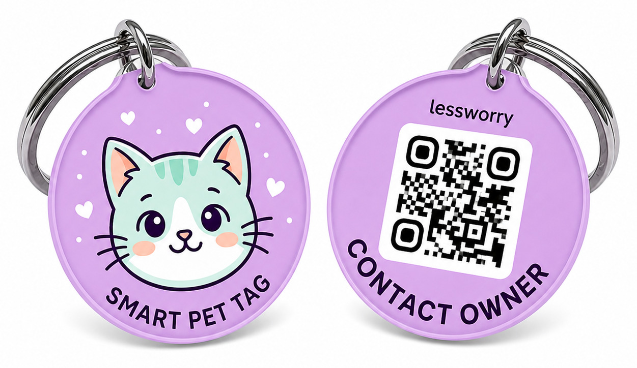Purple cat QR pet tag front and back