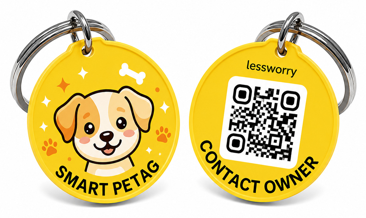 Yellow dog QR pet tag front and back