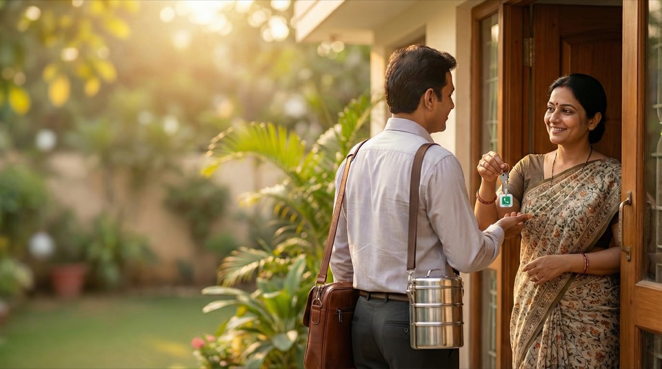 A wife handing keys with a lessworry tag to her husband at the front door