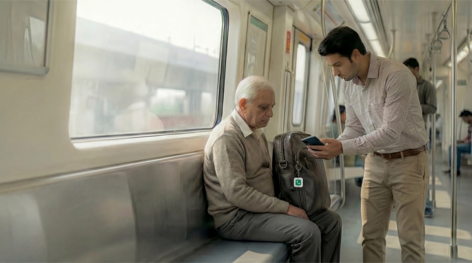 A young man helping an elderly person in a metro by scanning their lessworry tag