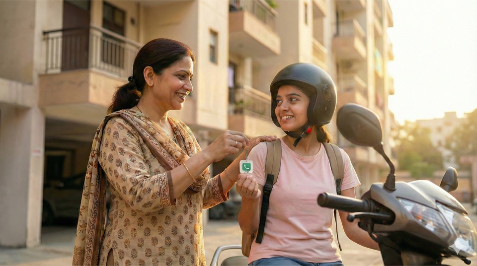 A young woman on a scooter with a lessworry keychain tag - her mom's number just one scan away