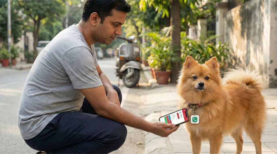 A neighbour scanning a lessworry tag on a dog's collar to find the owner's contact information