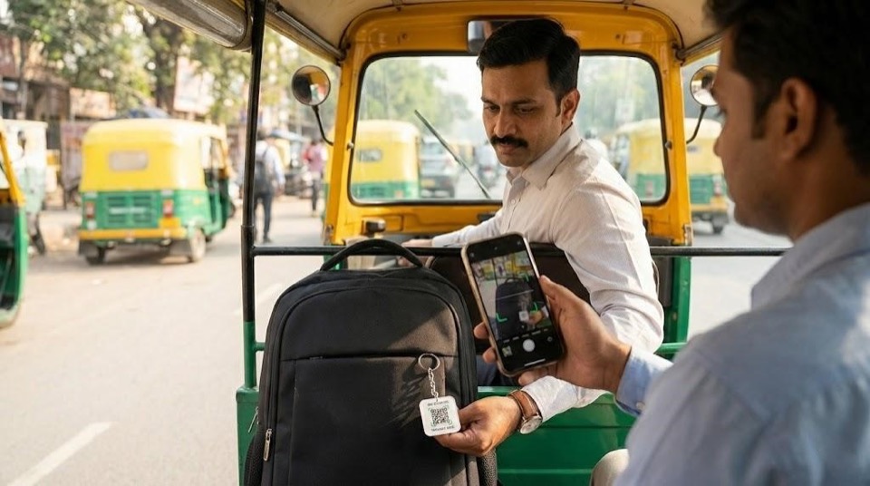 An auto-rickshaw driver scanning a QR tag on a forgotten bag to call the owner