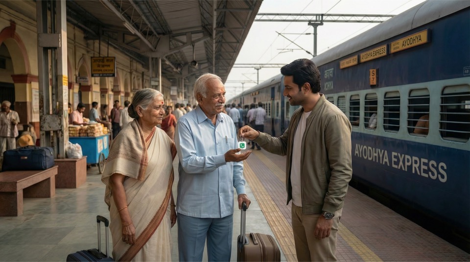 A young man handing a lessworry tag to his elderly in-laws at a railway platform