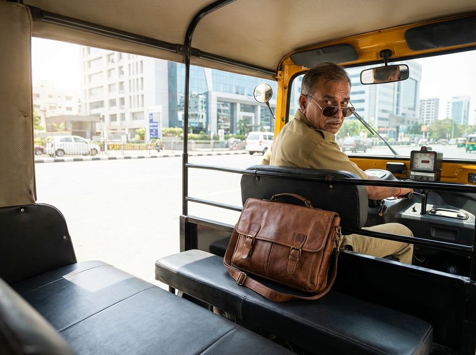 A forgotten bag sitting alone in the back of an auto-rickshaw