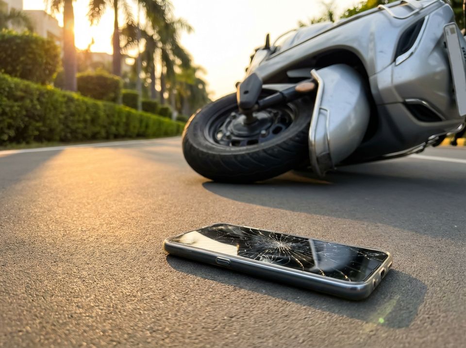 A shattered smartphone on the road next to a fallen scooty