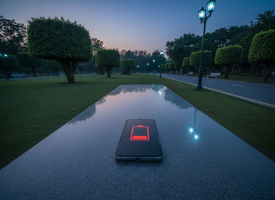 A smartphone with dead battery lying on a park bench at dusk
