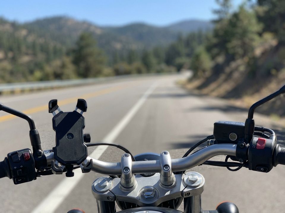 Empty phone mount on motorcycle handlebars, phone gone