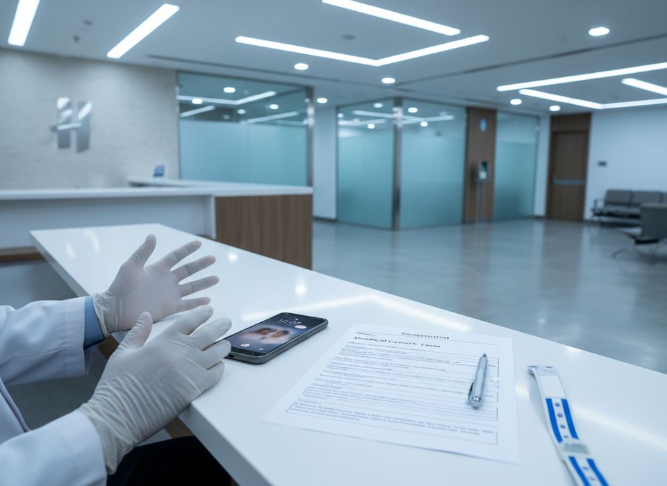 A hospital desk with a locked phone and unsigned consent form