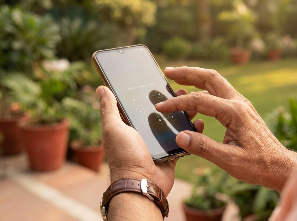 Elderly hands holding a locked smartphone, unable to get past the lock screen