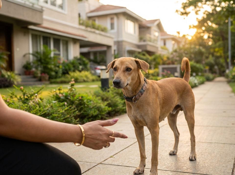 A lost dog on the street with no identification on its collar