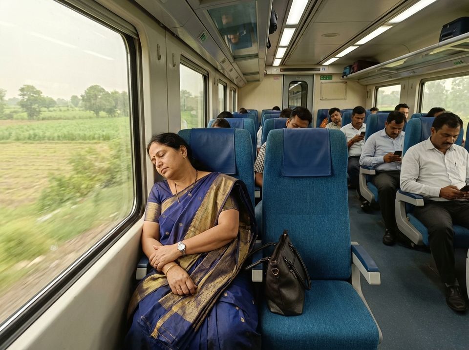 A woman sitting alone on an Indian train, looking unwell, no one around knows who to call