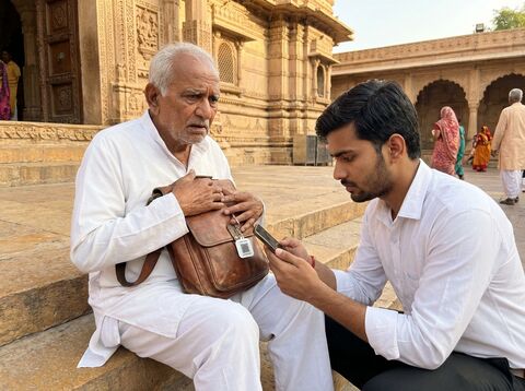 Young person scanning tag to help confused elderly man at temple