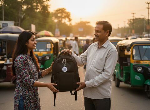 Traveler reconnecting with a tagged bag after it was found
