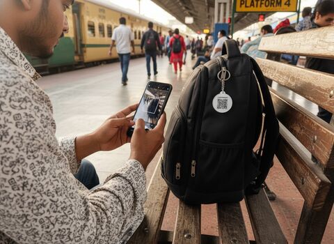 Finder scanning a LessWorry tag to contact the bag owner