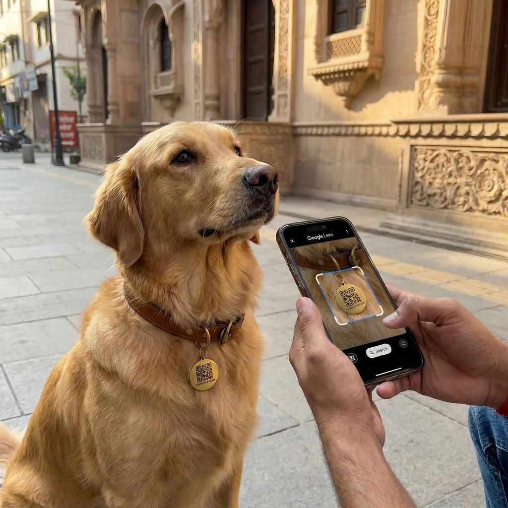 Finder spotting a pet with a LessWorry QR tag on the collar