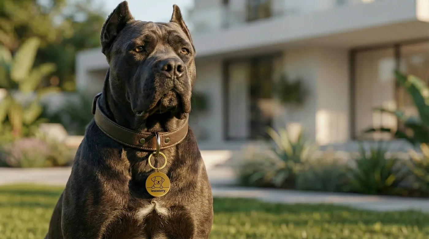 Dog wearing the Golden Pup LessWorry metal pet tag in a premium lifestyle setting