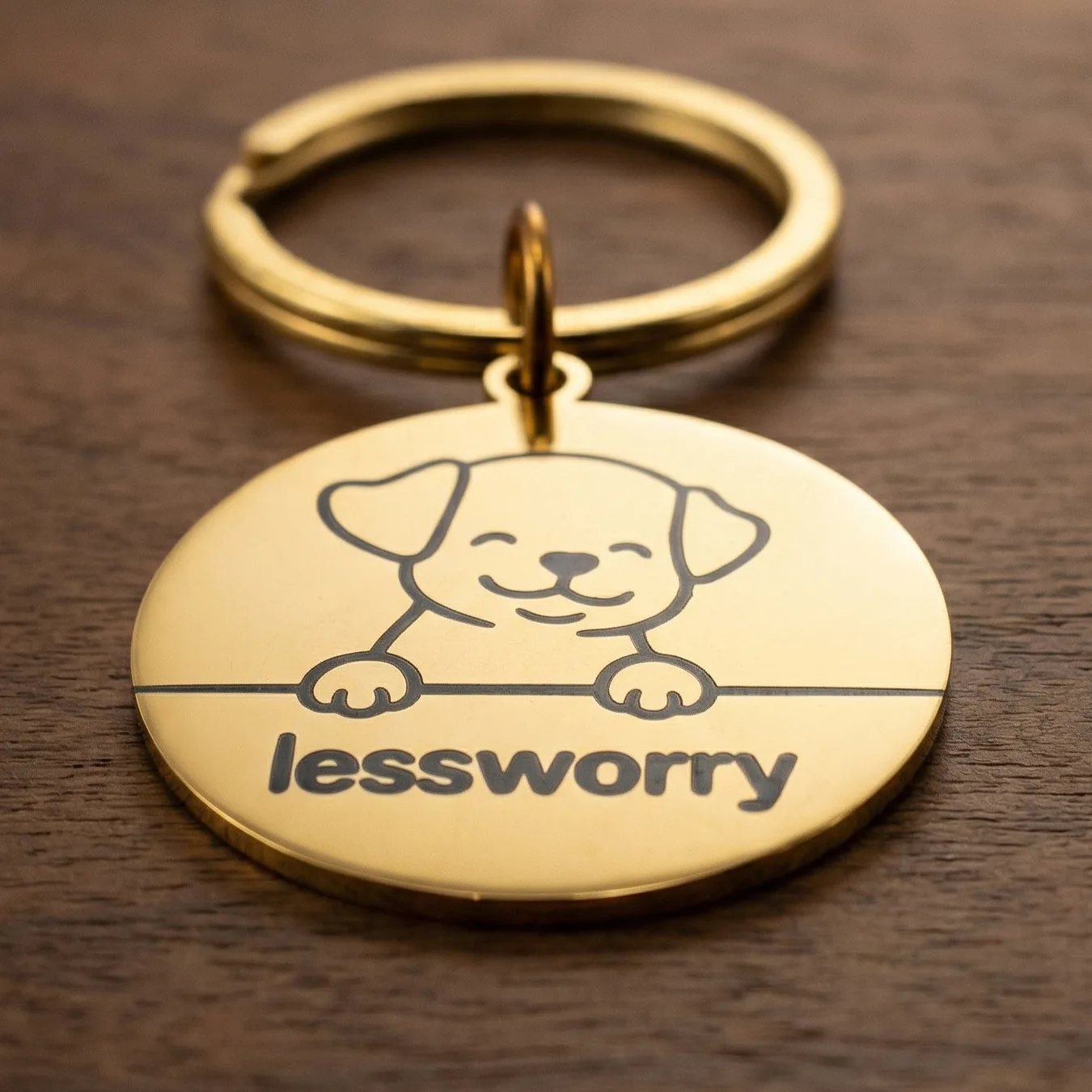 Studio image of the Golden Pup LessWorry metal pet tag