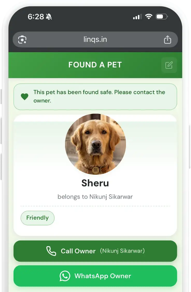 Phone showing FOUND A PET page with Call Owner and WhatsApp Owner buttons