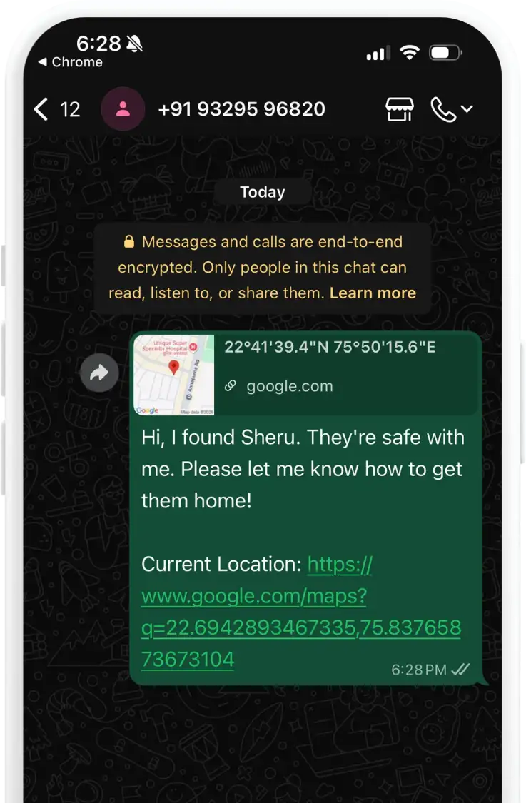 WhatsApp contact option after scanning a LessWorry dog ID tag