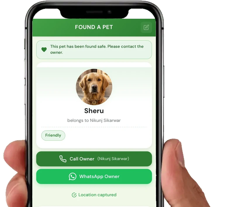 Phone showing a finder screen after scanning a pet ID tag