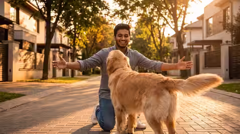A happy owner reunited with their dog after a smart QR tag scan