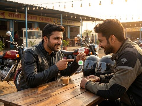 Two riders at a highway dhaba showing lessworry tag