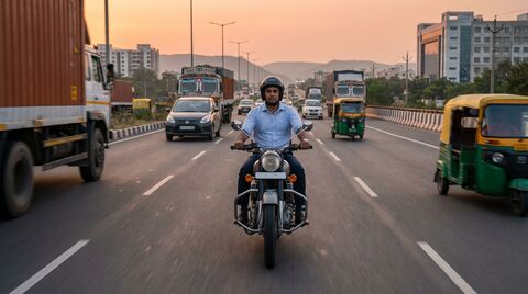 Husband riding motorcycle through highway traffic at dusk