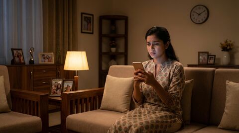 Wife checking phone late at night, worried about husband
