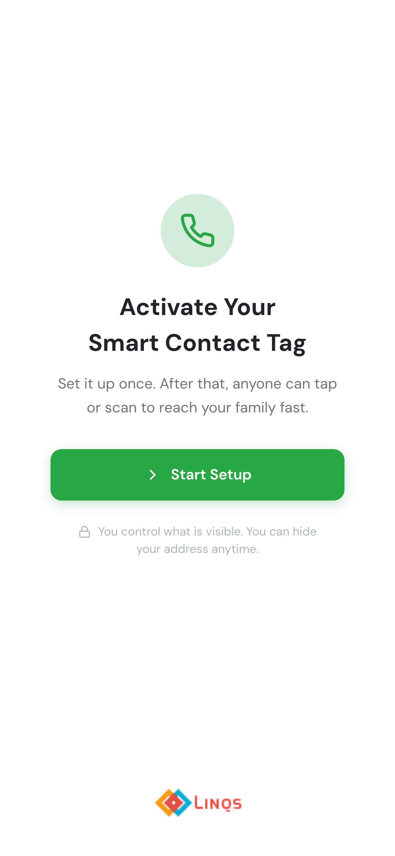 lessworry smart contact tag activation screen - tap Start Setup to begin