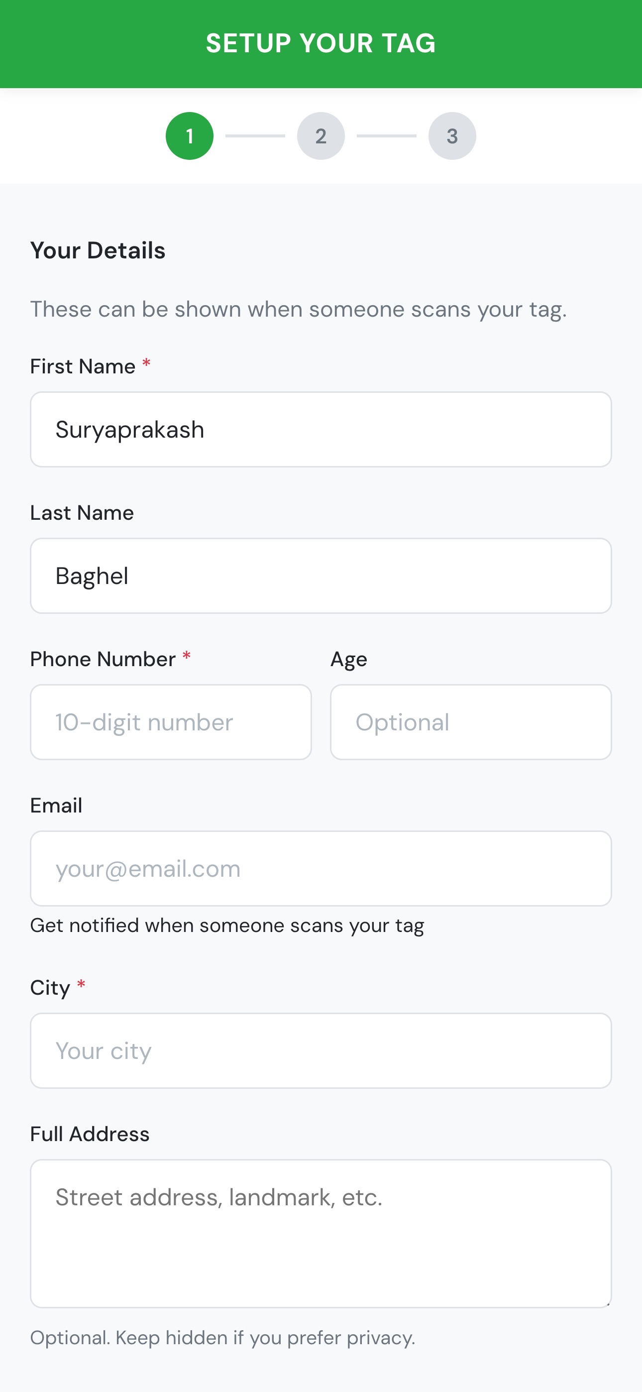 Setup form showing fields for name, phone, age, city, and address