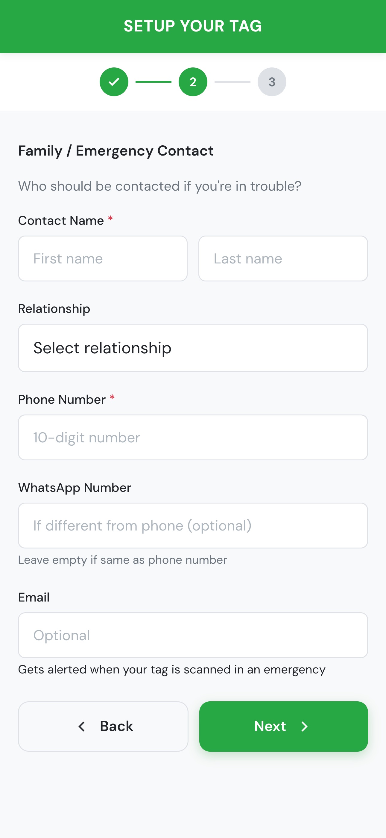 Emergency contact form to add family member name, relationship, and phone number
