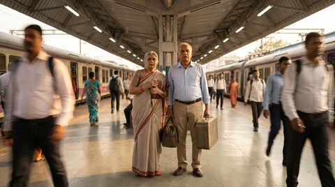 Elderly couple on busy railway platform