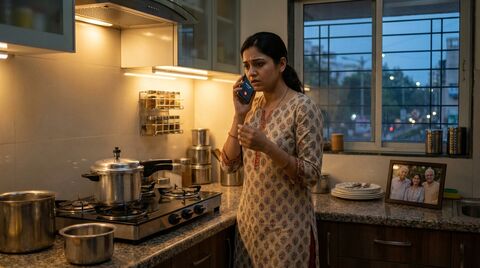 Daughter-in-law on phone in kitchen, worried about in-laws