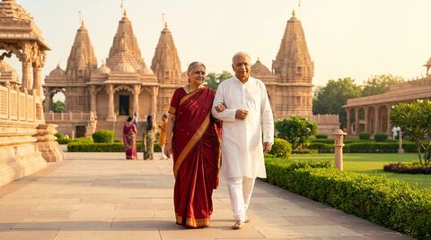 Elderly Indian couple walking through a temple complex