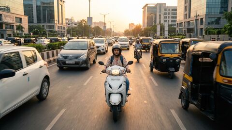 Young girl riding scooter through busy Indian city traffic at dusk
