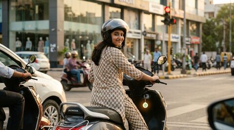 18-year-old Indian girl on a scooter heading to college