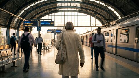 Elderly person in a crowded Indian railway station