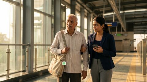 Kind stranger helping an elderly parent after scanning their tag