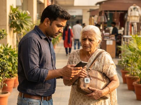 Person scanning a lessworry tag on an elderly person's bag