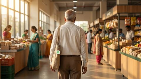 Elderly Indian father walking through a busy market with a lessworry tag on his bag