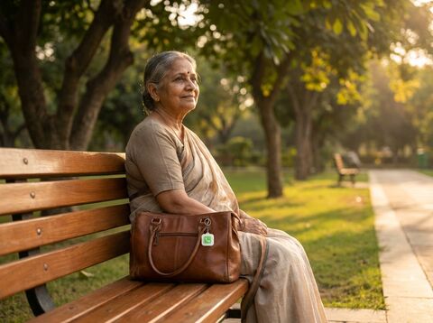 Elderly Indian mother sitting on a park bench, contemplative