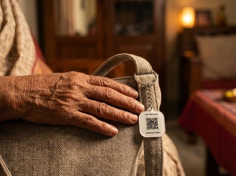 Close-up of lessworry tag on elderly person's bag