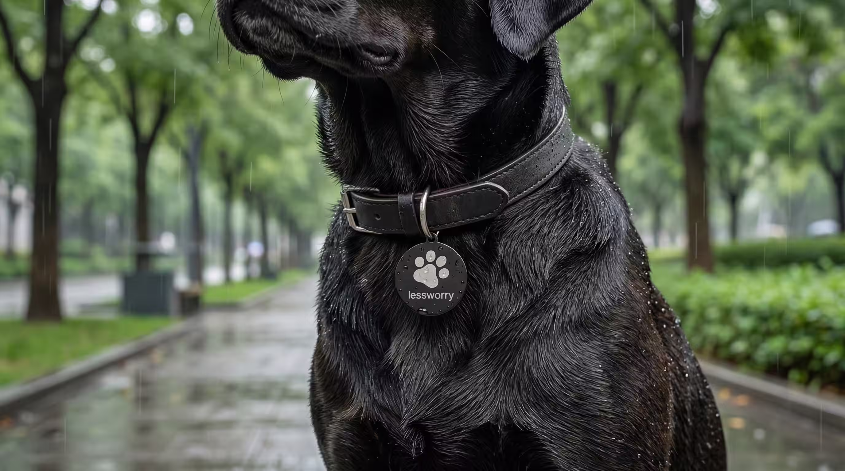 LessWorry metal tag in a rain-safe pet lifestyle scene